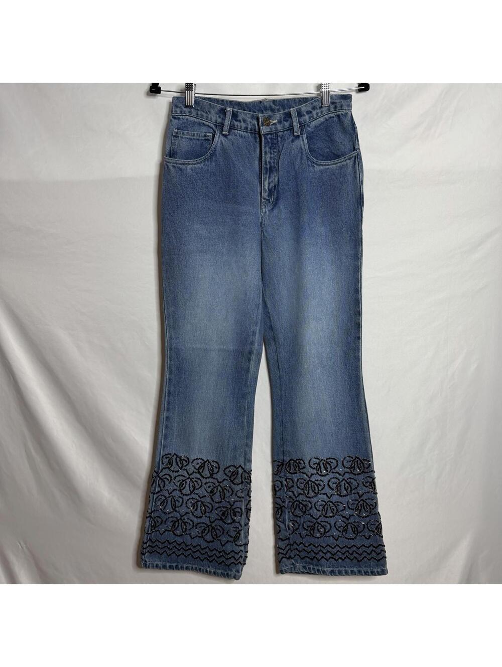 Vintage Spiegel Life Beaded Flare Jeans Y2K Embellished Hem Boho Festival Denim